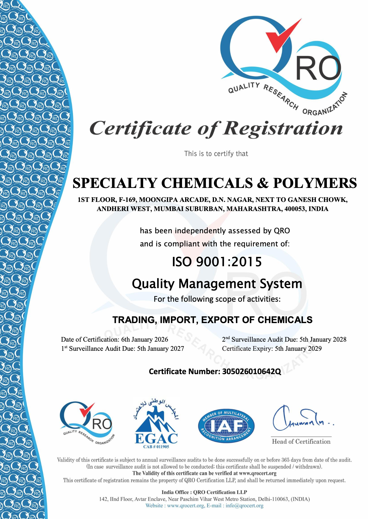 ISO 9001:2015 certified - Specialty Chemicals & Polymers